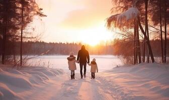 AI generated Winter Wonderland A Father and His Kids Strolling Through the Snow photo