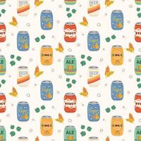 Seamless pattern with various beer types in aluminum cans. Hand drawn colorful beer in aluminum cans. Hops and malt pattern. vector