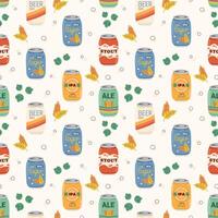 Seamless pattern with various beer types in aluminum cans. Hand drawn colorful beer in aluminum cans. Hops and malt pattern. vector