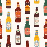 Seamless pattern beer bottles with label. Different bottled beer types.  Stylized hand drawn pattern for menu restaurant or bar and pub. vector