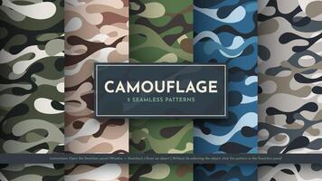 Set 5 Seamless Camouflage Patterns. War Illustration. Traditional Military Texture. Army Background vector
