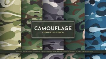 Set 5 Seamless Camouflage Patterns. War Illustration. Traditional Military Texture. Army Modern Background vector