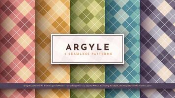 Set 5 Seamless Argyle Pattern. Traditional Scottish Texture. Fashionable Fabric. Textile Background. vector