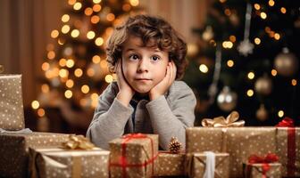 AI generated Little Boy Surrounded by a Mountain of Gifts photo