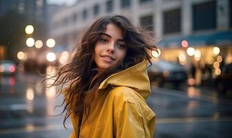 AI generated Woman in a Vibrant Yellow Raincoat Embracing the Rain photo
