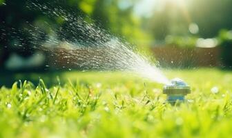 AI generated A Vibrant Blue Fire Hydrant Surrounded by a Lush Green Lawn photo