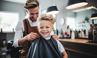 ai generado un paternal Barbero aseo un joven Niños pelo foto