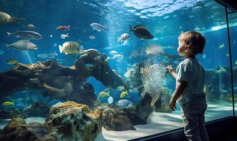 ai generado pequeño chico fascinado por vistoso acuario pescado foto