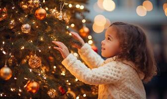 ai generado temor y preguntarse pequeño niña cautivado por el encantador Navidad árbol foto