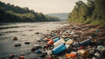 ai generado ambiental impacto de el plastico contaminación a lo largo río banco durante verano video