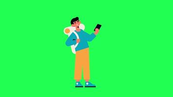 Jeune garçon en utilisant téléphone et à la recherche autour personnage animation vert écran video