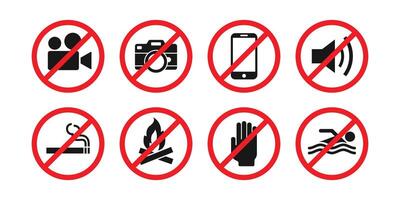 Photo, video, phone, smoking and etc. prohibition symbol sign set. Prohibit icon logo collection. vector