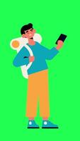 Jeune garçon en utilisant téléphone et à la recherche autour personnage animation verticale vert écran video