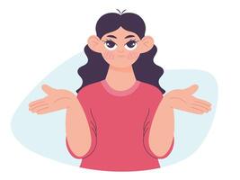 Girl spreads her hands, expresses misunderstanding, vector illustration