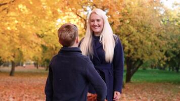 The boy holds a bouquet of autumn leaves behind his back and is going to give it to his mother. Horizontal slow motion video