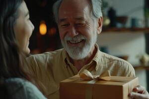 AI Generated Happy millennial girl closes her eyes to cover mature father's eyes, joyfully congratulates her beloved happy senior father with wrapped gift box at home photo