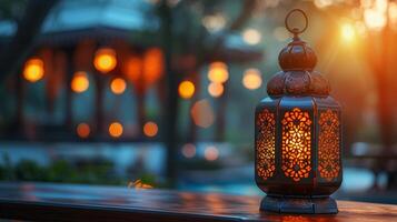 ai generado islámico linterna con ardiente vela brillante en contra un mezquita antecedentes. Ramadán kareem invitación. foto