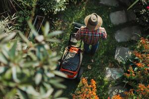 AI Generated This image shows a professional gardener pushing a push mower past the mowed lawn in the backyard. It is an image related to Garden Care and Maintenance. photo