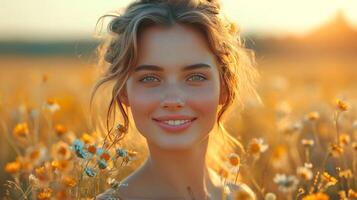 AI generated Young smiling attractive girl in field at sunset photo