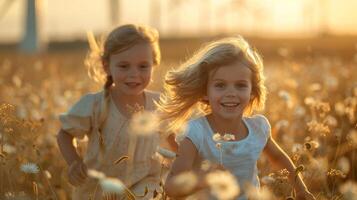 AI Generated Windmills and renewable energy - windmills. Children playing with wind near a wind turbine. Sustainable climate images. photo