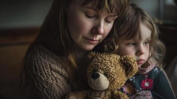 AI Generated Photograph of a mother and daughter holding a teddy bear photo