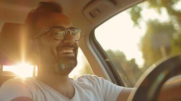 AI Generated Laughing Indian driving a car with his friends during summer vacation, view from dashboard. Happy middle-eastern man with glasses driving his new nice car, view from dashboard. photo