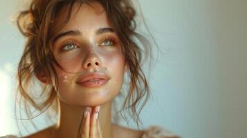 AI Generated A horizontal shot of a smiling woman wishing for a falling star, crossing her fingers as she makes a wish, looking upwards, and praying indoors against a white backdrop with blank space photo