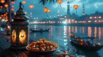 AI Generated During the Muslim feast of Ramadan Kareem, a lantern with a moon symbol on the top and a plate of dates fruits are shown with bokeh light in the night sky. photo