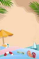 verano antecedentes con playa vacaciones fiesta tema en azul ola capa y Copiar espacio, vector plano laico papel cortar de tropical verano diseño, palma hoja y nube en arenoso playa antecedentes