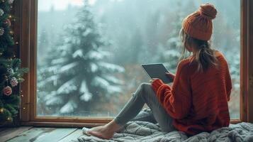 ai generado joven mujer disfrutando hermosa ver de pino bosque mientras sentado con tableta en el ventana umbral de hermosa país casa o hotel. hermosa vacaciones destinos foto