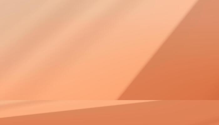 Peach fuzz Background Studio with shadow,light on Podium Display for Product present,Backdrop Kitchen Concrete Room with Sunlight reflection on Orange Table top,Vector Banner for Spring,Summer,Autumn