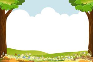 fondo de primavera con paisaje de campo de hierba rural, borde de hojas verdes sobre fondo de cielo azul, caricatura vectorial linda para pascua con espacio de copia cielo y nube, banner de fondo para hola primavera, verano vector