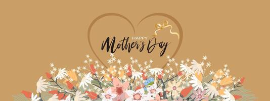 Happy Mother's day banner with heart shape,Multicolour Spring flowers border on gold background, Vector illustration horizontal backdrop of Beautiflu botanical border frame