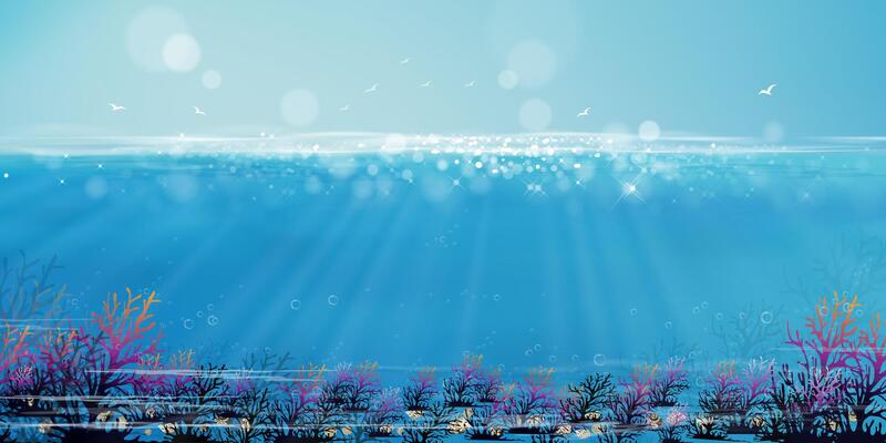 Underwater in deep sea blue with sun and cloud on island,Bottom of ocean with sun ray shining through underwater creatures,coral reefs,seaweed and shell in natural habitat,Vector  marine sea life