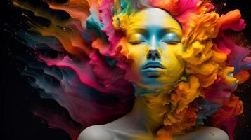 AI generated Woman face adorned with flowing paint art, multicolor explosion, Generative AI photo