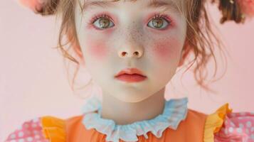 ai generado de cerca, bonito cara de un hermosa niño niña con multi colores vívido maquillaje en mínimo fondo, generativo ai foto