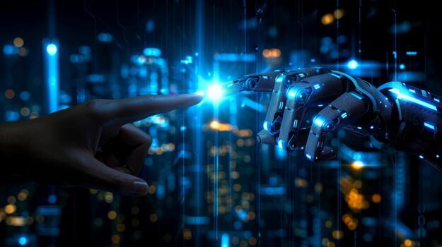 AI generated Robot finger making contact with robot finger, Generative AI photo