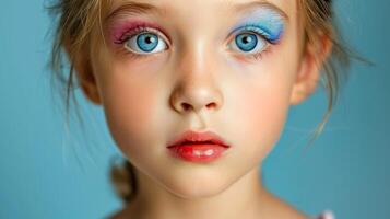 ai generado de cerca, bonito cara de un hermosa niño niña con multi colores vívido maquillaje en mínimo fondo, generativo ai foto