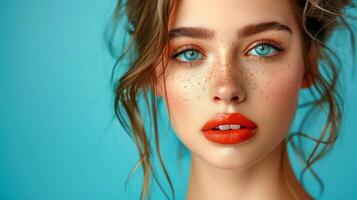 AI generated Close-up, Pretty face of a beautiful woman with multi colors vivid makeup on minimal background, Generative AI photo