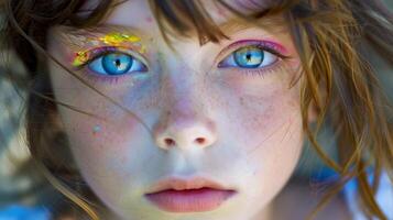 ai generado de cerca, bonito cara de un hermosa niño niña con multi colores vívido maquillaje en mínimo fondo, generativo ai foto