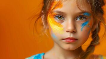 ai generado de cerca, bonito cara de un hermosa niño niña con multi colores vívido maquillaje en mínimo fondo, generativo ai foto