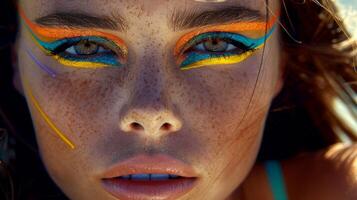 AI generated Close-up, Pretty face of a beautiful woman with multi colors vivid makeup on minimal background, Generative AI photo