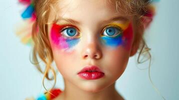 ai generado de cerca, bonito cara de un hermosa niño niña con multi colores vívido maquillaje en mínimo fondo, generativo ai foto