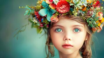 ai generado de cerca, bonito cara de un hermosa niño niña con multi colores vívido maquillaje en mínimo fondo, generativo ai foto