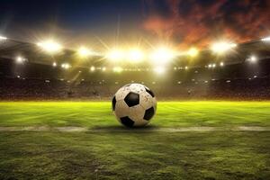 AI generated Close-up of soccer ball in the stadium in the evening light, Generative AI photo