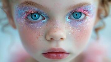 ai generado de cerca, bonito cara de un hermosa niño niña con multi colores vívido maquillaje en mínimo fondo, generativo ai foto