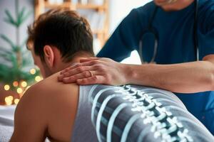 AI generated Close-up, Doctor massaging patient back, back pain physiotherapy, Generative AI photo