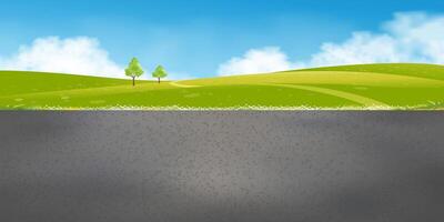 Spring Landscape with Asphalt road Green fields,Mountain,Blue Sky and Clouds Background,Horizon peaceful rural nature Sunny day Summer with grass land.Cartoon Vector illustration for Summer banner