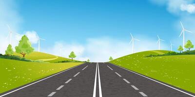 Environmental Background,Spring landscape green field with windmill on mountain,blue sky,cloud with Asphalt highway through countryside,Vector Rural with wind turbines installed as renewable station vector