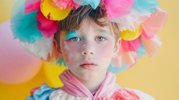 ai generado de cerca, bonito cara de un hermosa niño chico con multi colores vívido maquillaje en mínimo fondo, generativo ai foto